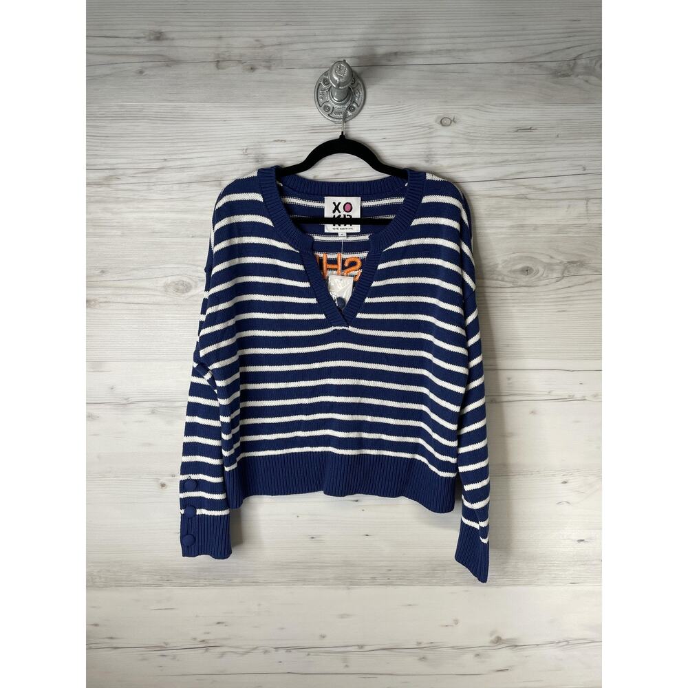 Kerri Rosenthal Sweater Womens XL Blue Stripe V Neck Sunshine Back Pullover XOKR